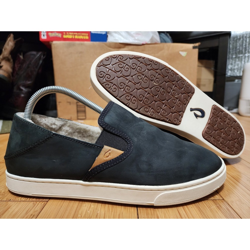 OluKai Pehuea Heu Women's Slip-on Shoes Black Nubuck Leather w/ Shearling Size 9